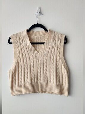 YesStyle Cream Cable Knit V-Neck Sweater Vest